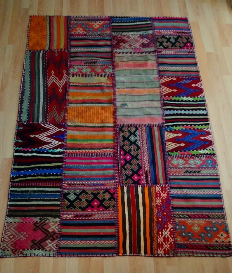 

Turkish Handmade Patchwork Kilim Rug, Anatolian hand knotted patchwork kilim, Oriental Handwoven patchwork kilim rug