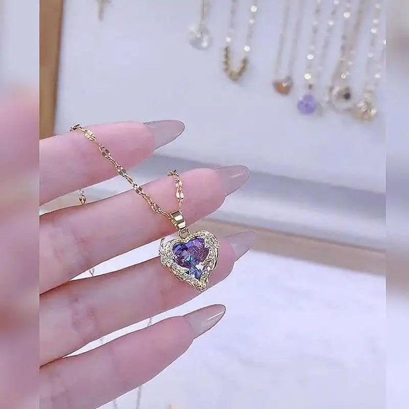 Fashion Simple Creative Ocean Heart Necklace Exquisite Heart Angel Wings Colorful Crystal Pendant Gifts for Girls fashion necklace pendant necklaces pendant necklace