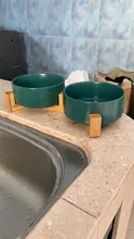 De cerámica tazón de perro gato plato con soporte de madera No derrame de alimentos para mascotas alimentador de agua gatos perros pequeños perros Pet