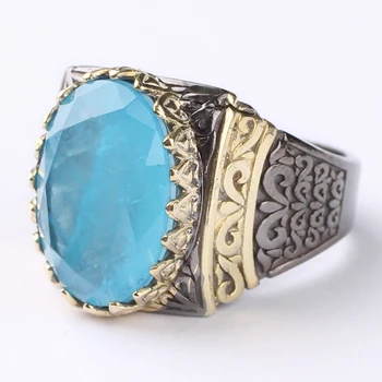 

Man 925 Silver Oval Sky Blue Paraiba Tourmaline Handmade Ring, Blue Paraiba 925 Silver Ring 18 K Gold and Rhodium Plated Ring