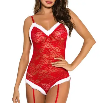 

Transparent Christmas Sexy Lingerie Women Lace Pajamas Exotic G-String Bodysuit Underwear Babydolls Sexy Costumes Langerie Mujer
