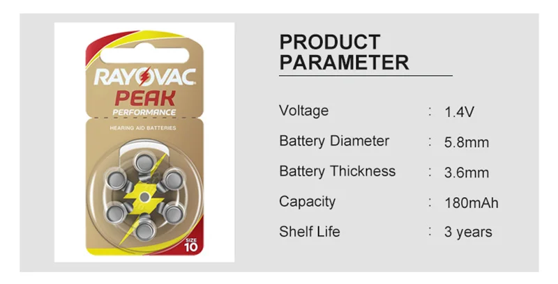 Description Picture 4 of itemHearing Aids Batteries RAYOVAC EXTRA Zinc Air 60 PCS High Performance  A10 10A 10 PR70 Hearing Aid Battery A10 For Hearing Aids