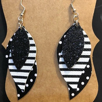 

Custom New Layered Glitter Dots Feather Leather Earrings Three Layer Glitter Black and White Striped Fringe Leaf Earrings