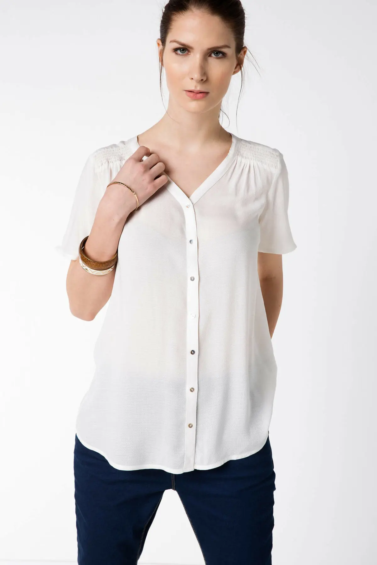 

DeFacto Autumn Woman Short Sleeve Shirt Ladies Casual V-neck Harajuku Shirt Female Loose Chiffon Shirts Summer - F3533AZ16SM