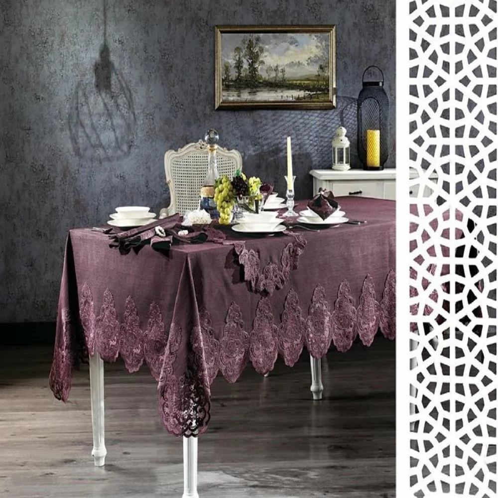 

26 pcs Luxurious Table Cloth Set Made in Turkey PLUM Embroideried Lace Tablecloths Rectangle Table Runners Ring Dinner Napkin