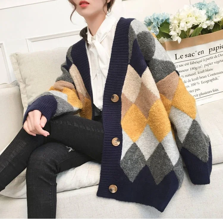 

Obrix Sweet Loose Female Cardigan Spring Autumn Casual Style V-Neck Full Sleeve Knited Geometric Pattern Cardigan For Women
