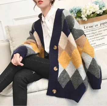 

Obrix Sweet Loose Female Cardigan Spring Autumn Casual Style V-Neck Full Sleeve Knited Geometric Pattern Cardigan For Women