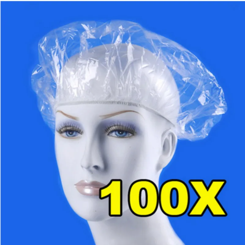 100 шт./лот одноразовая шапочка для душа Для женщин Для мужчин пластиковая шляпа шапочки для ванной для похода в спа-салон волос салон Clear для