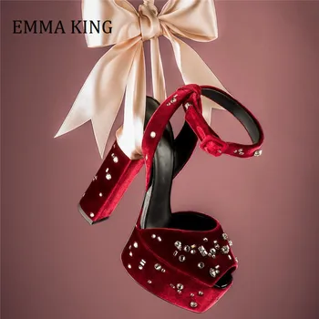 

Rhinestone Studs Velve Woman Sandals 14cm Thick High Heels Platform Sandals Elegant Female Wedding Party Dress Shoes Women 2020