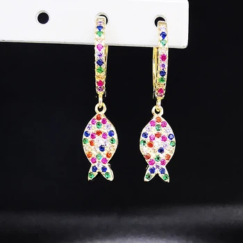 

E198 Multi-Color CZ Cute Fish Hoop Earring 925 Sterling Silver Dangler Earrings For Women 14K Gold Plated jewelry Free shipping