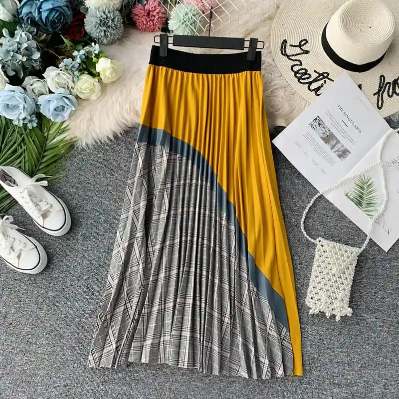 autumn Plaid High Waist Vintage Long Skirt Autumn Winter Bottoms Long Skirts A-line Patchwork Panelled Pleated Skirts - Цвет: Цвет: желтый