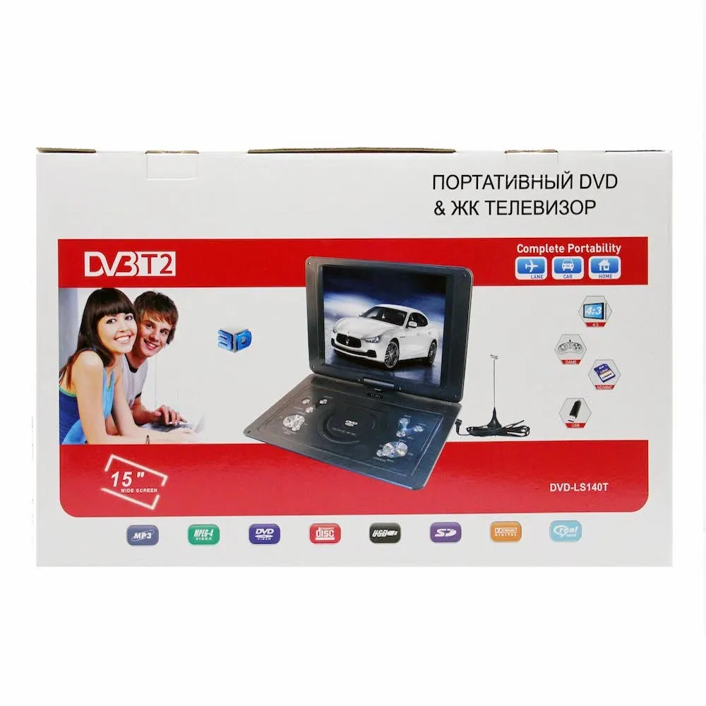 Портативный DVD плеер поворотный LCD экран 15" Eplutus LS-153T c цифровым тюнером DVB-T2 USB SC AVI MP3