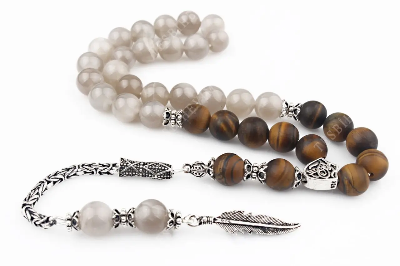 

Natural Moonstone And Tigereye 925 Silver Tassel 33 Bead Prayer Tasbih Muslim Rosary Men Women Meditation Jewelry From Turkey