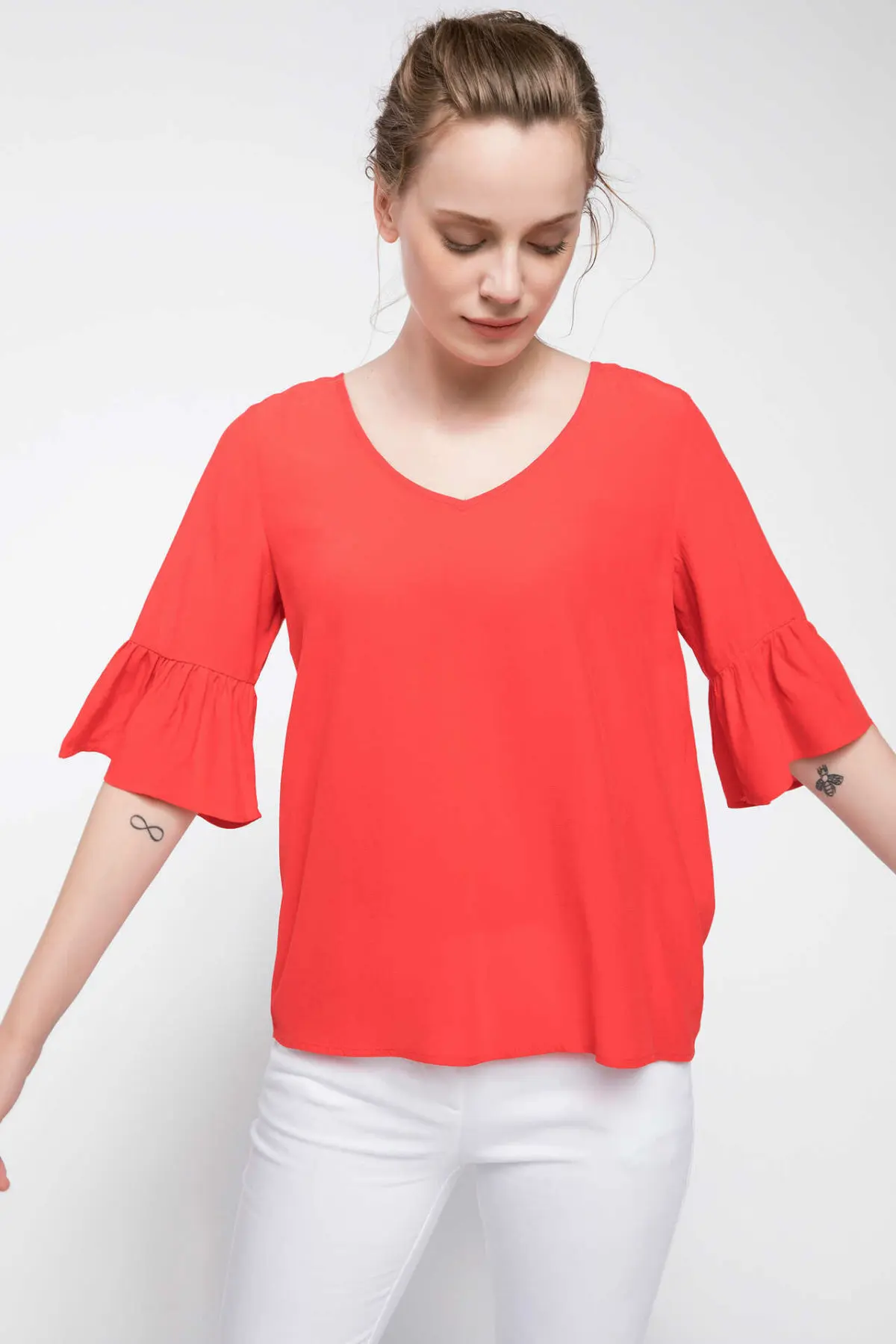  DeFacto Woman V-neck Short Sleeve Blouse Ladies Sexy Lace-up Loose Chiffon Shirt Female Flare Sleev