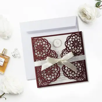 

50Pcs Laser Cut Wedding Invitations Cards Square Burgundy Bridal Shower Gift Greeting Card Kits Event Party Supplies Decor