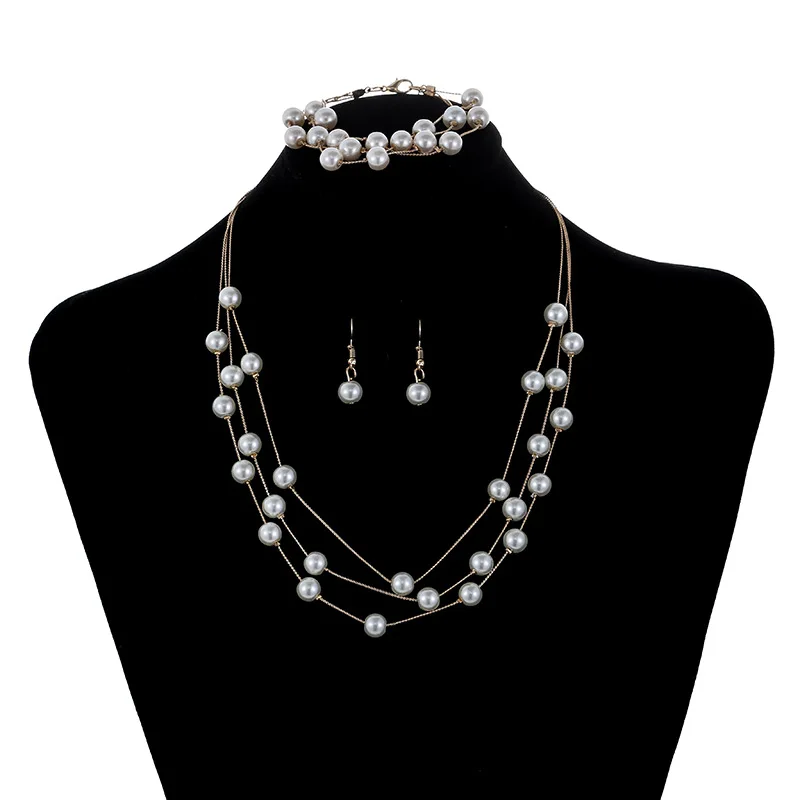 1 Set Simulated Pearl Beaded Multilayer Necklace Dangle Earrings Bracelet Korean Fashion Bridal Wedding Accessories Jewelry | Украшения и