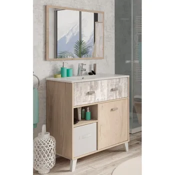 

Bathroom Furniture ELLA with mirror and ceramic sinks 1 drawer 1 basket bamboo 1 door