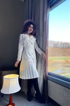 Dress Women Pleated-Belt Patchwork-Bottom Simplee Long-Sleeve Midi Notched Vintage Autumn