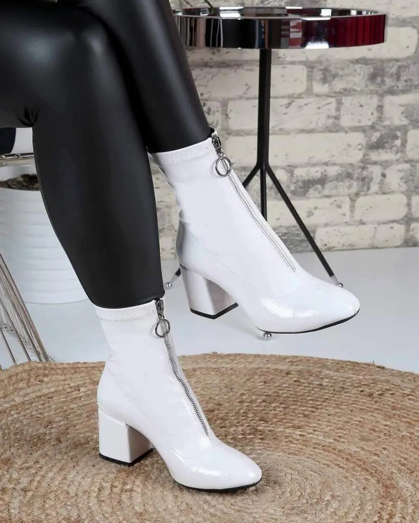 

Mosimoso Women's Ankle Height Boot Jagger White Print Patent Leather Front Zipper Heels Women Boots