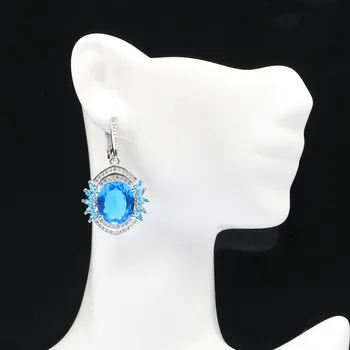 

40x22mm Pretty Created Paris Blue Topaz White CZ Woman's Wedding Silver Earrings