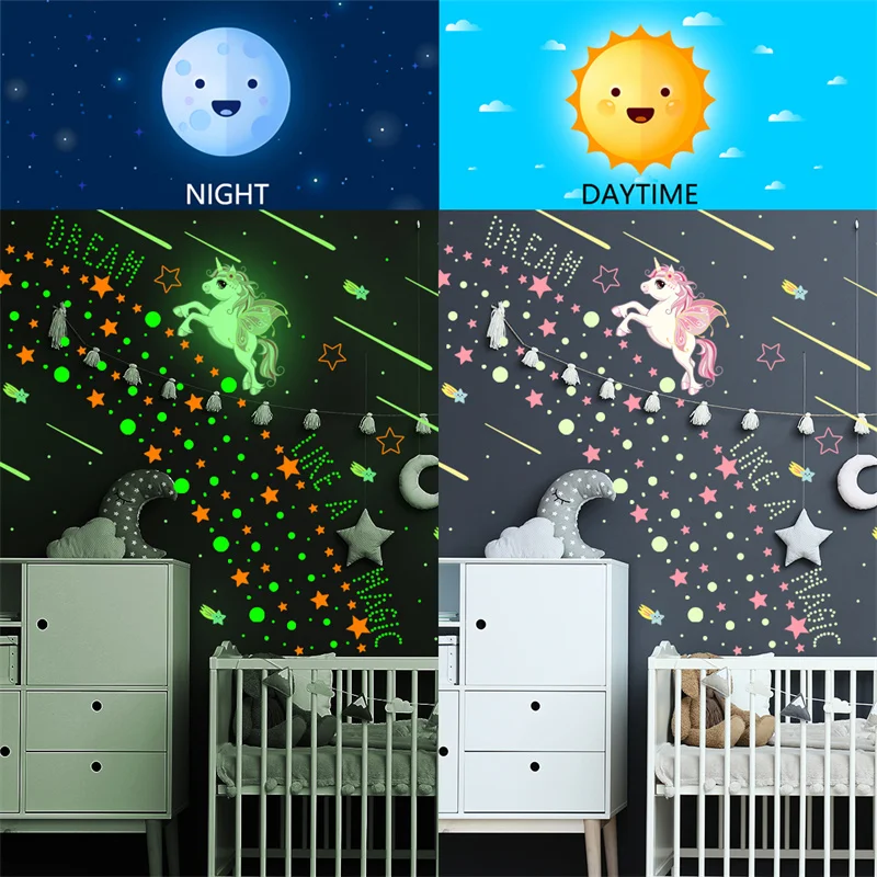 Unicorn Wall Stickers Glow in The Dark Kids Room Decoration Fluorescent Luminous Star Baby Bedroom Phosphor Sticker Decorative