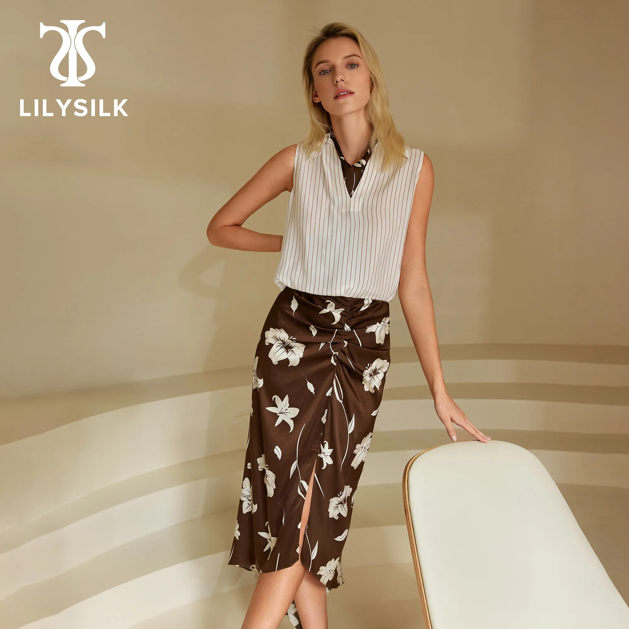 LILYSILK Silk Wrapped Skirt for Women Vintage Print Midi Slit Side Twisted Irregular Hem Bottoms Vocation Clothing Free Shipping