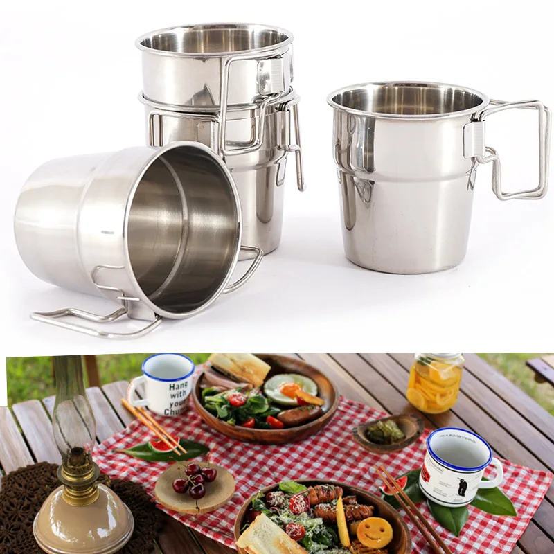 

Портативная Складная кружка из нержавеющей стали, 4 шт., с ручкой, для пикника, барбекю, пива, кофе, альпинизма