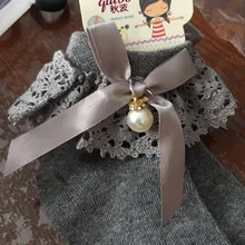 Calcetines con volante de encaje de princesa para niña, medias Retro con volantes y perlas, calcetines de lazo, calcetines cortos de algodón para niño