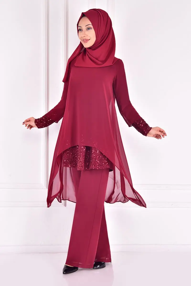 Túnica de gasa con encaje y pantalones para mujer, conjunto de túnica de alta calidad, estilo islámico, hecho en Turquía, Primavera e invierno, 2 piezas, 14008