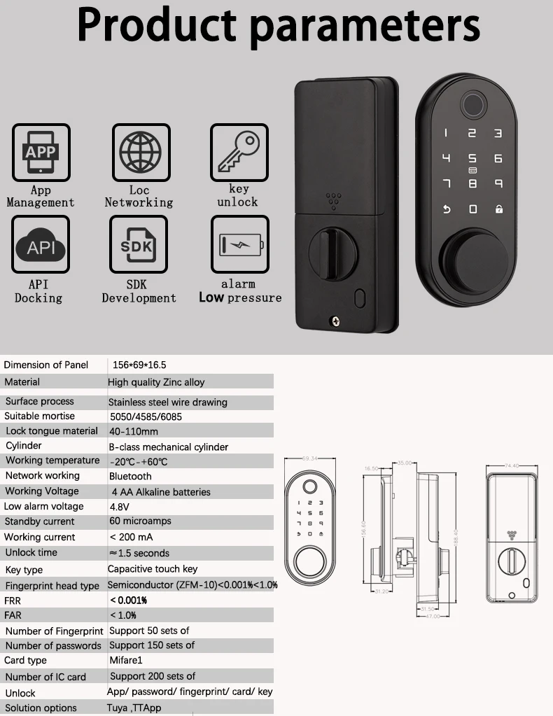 Bluetooth Tuya APP Smart Remote Control Fingerprint Biometric Password Code Deadbolt Automatic Latch Lock Smart Lock lockly smart lock