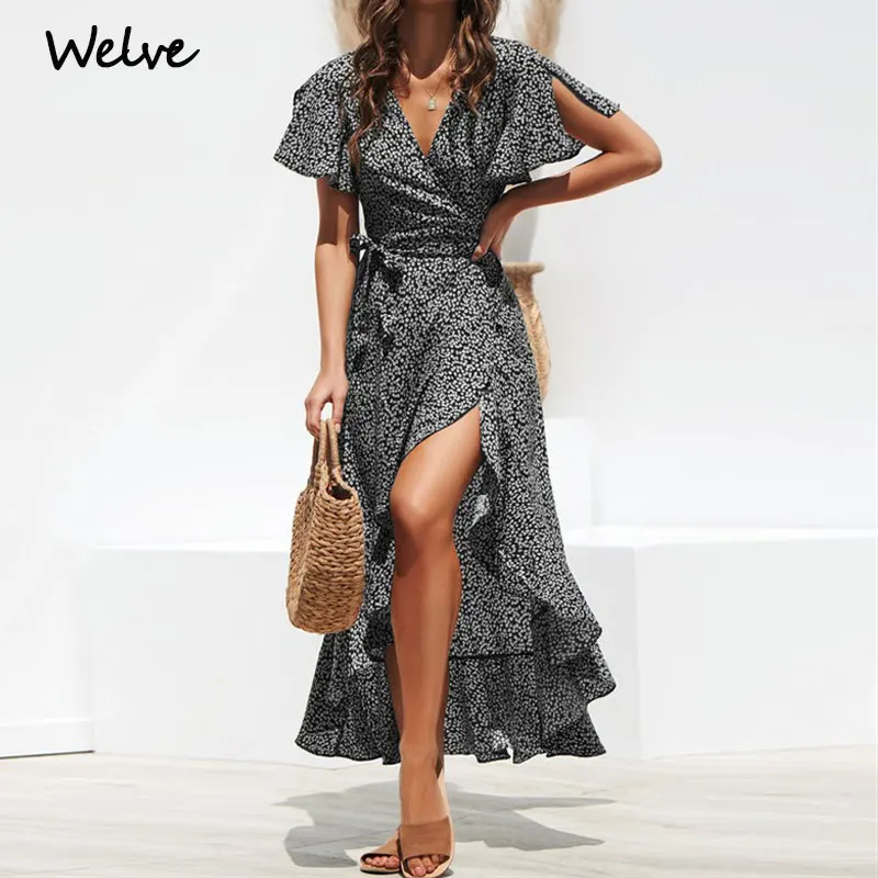

Welve 2019 Fashion Women Long Chiffon Dress Boho Style Maxi Beach Dress Sundress Vestidos Sexy Side Split Party Dress