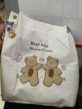 Bolso de hombro de PANA con bordado de ositos de la suerte para mujer, bolsa de lona a rayas, de tela ecológica, bolsas de compras bonitas y suaves
