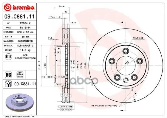 Диск Тормозной Передн Porsche: Cayenne 02-, Vw: Touareg 02- Brembo арт. 09.C881.11