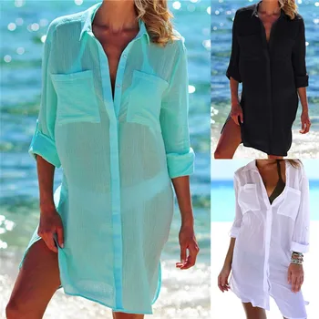 

Sea Color Women Beach Blouse summer Button Swimsuit Pocket Shirts Sunscreen Bikini Cover Up Shirts Women Kaftan Beach Dress