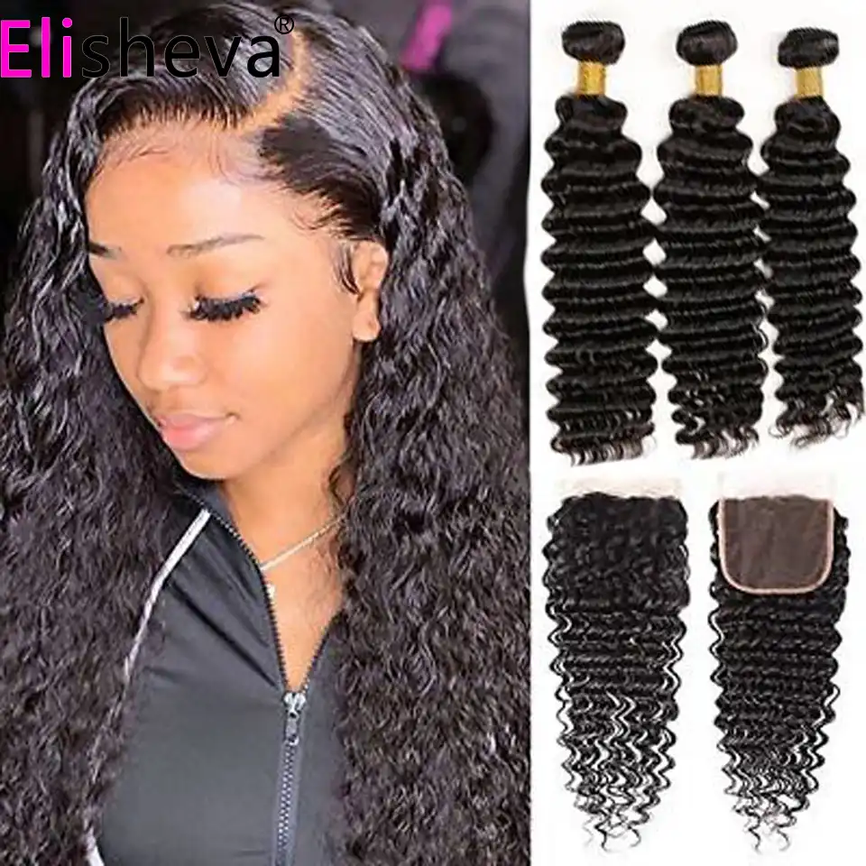 Malaysian Deep Wave Bundles With Closure 3 Bundles Human Hair With Closure Natural Black Deep Curly Malaysian Hair With Closure 3 4 Bundles With Closure Aliexpress