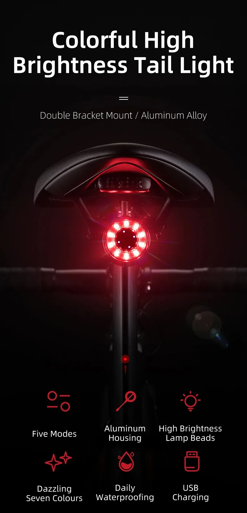 ROCKBROS Waring Bike Tail Light USB Charge Water-resist Rear Light Double Bracket 7 Colors Cycling Light Lamp Bike Accessories