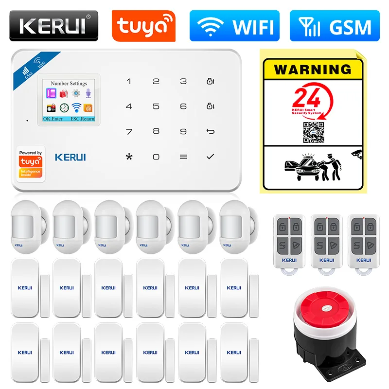 KERUI Tuya Smart WIFI GSM Security Alarm System Works With Alexa Home Burglar Motion Detector Smoke Door Window Sensor IP Camera elderly sos alarm Alarms & Sensors