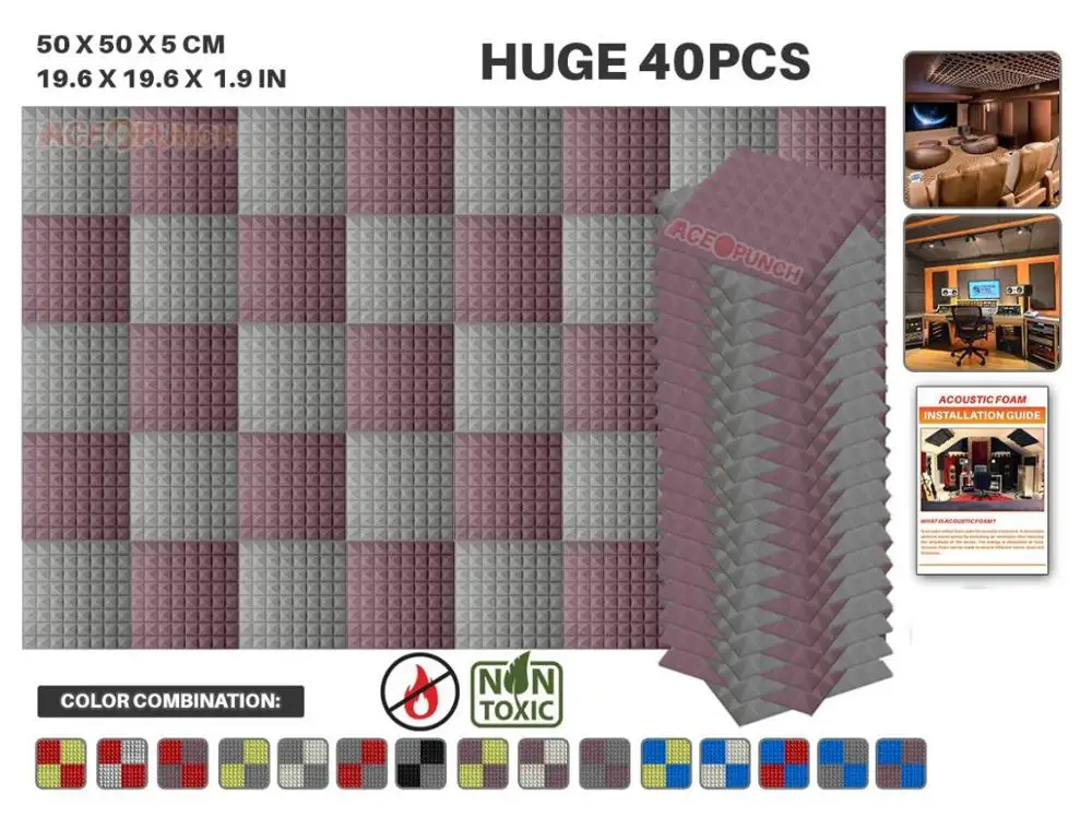 Purple and Gray Arrowzoom 40 pcs Pack Color Combination 19.6" x 19.6" x 1.9" Pyramid Tile Studio Sound Absorbing Panel Acoustic Foam AZ1034 - Цвет: Purple and Gray