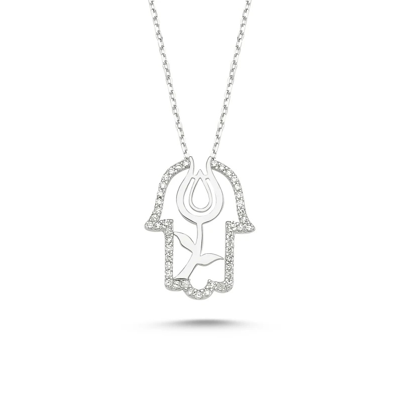 

Silver 925 Sterling Fatma Master Hand & Tulip Zircon Cubic Zirconia Necklace