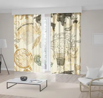 

Curtain Globe Airship Rope Knots Ribbon Great Adventure Sketch on Grunge background Art Beige Gray