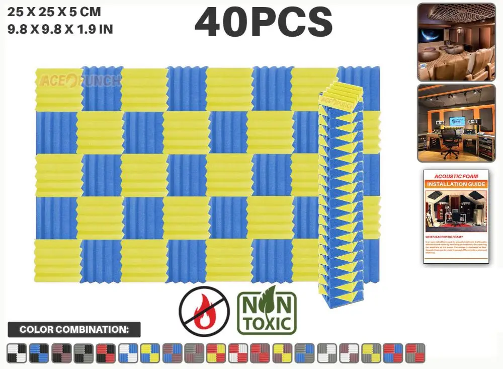 Blue and Yellow Arrowzoom 40 шт Упаковка цветная комбинация 9," x 9,8" x 1," клиновая плитка студия Звукопоглощающая Панель акустическая обработка пены - Цвет: Blue and Yellow