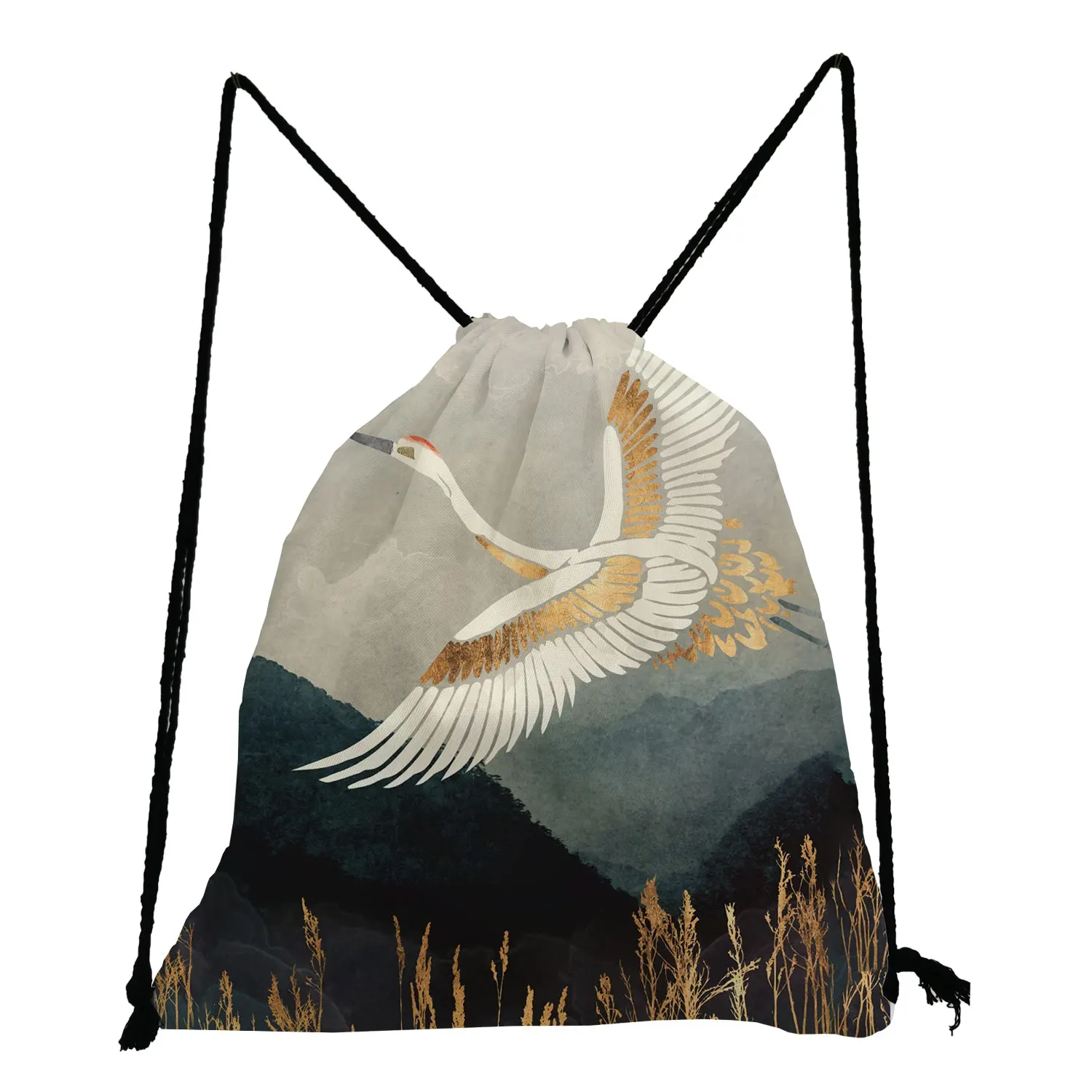 

Japanese Ukiyoe Design Backpack Bag Crane Printed Drawstring Bags Landscape Softback Bag New Unisex Casual Shoe Bag for School