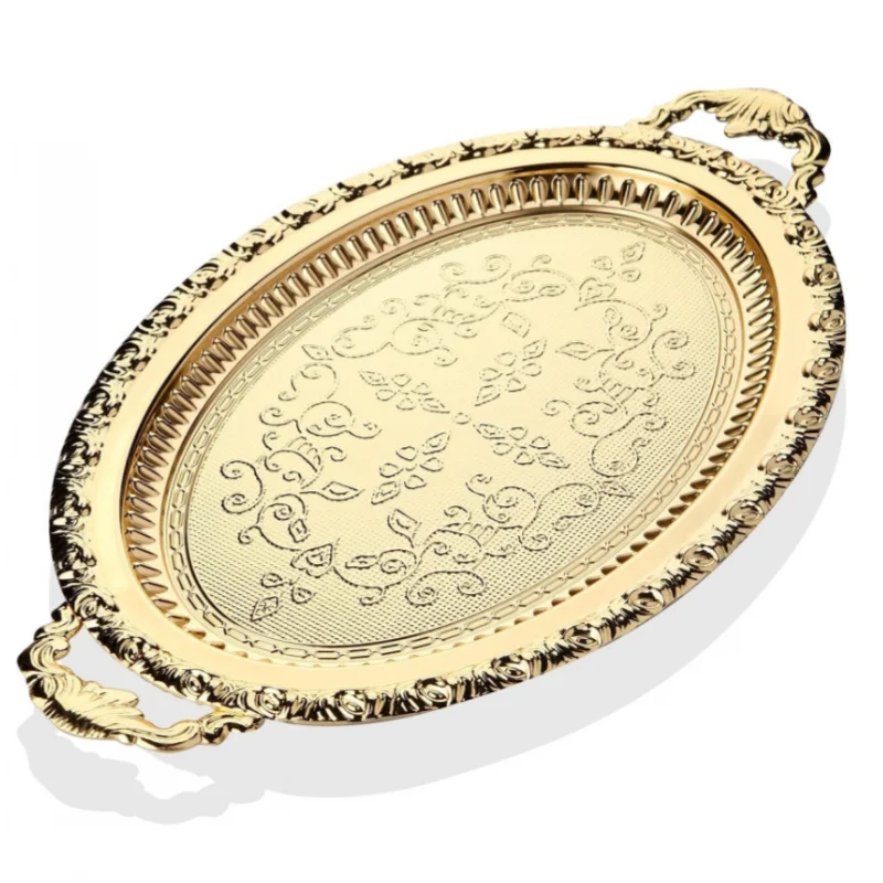 

Gold Silver Elegant Embroidered Oval Stainless Tea Serving Tray - Traditional Authentic Patterns - Presentation Service Trays