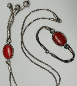 

Trabzon Kazaz Bracelet and Necklace hand-knitted oxidized 1000 sterling silver with the red stoned pendant with beaded tassels