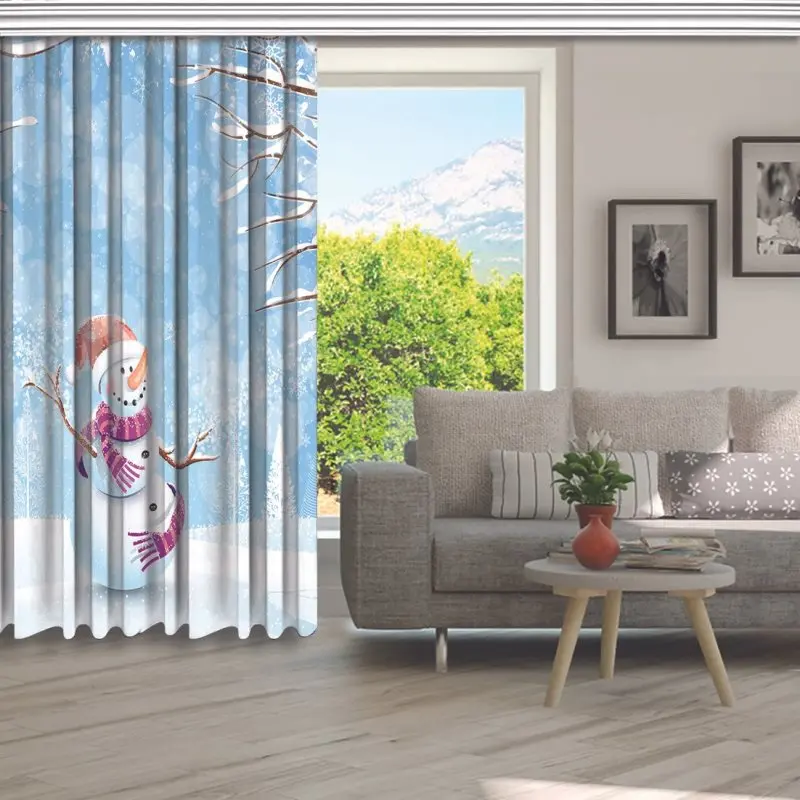 Merry Christmas Happy New Year Winter Celebration Happy Snowman Snowflakes Snow Covered Trees White Blue Illustration Curtain