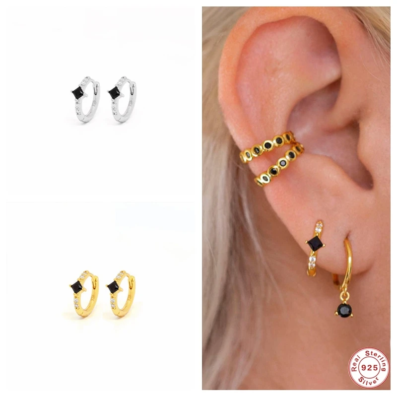 100%925-Sterling-Silver Hoop Earrings Real Luxury Zircon Pendientes Black Woman for Birthday-Engagement