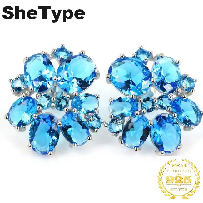 

Real 5.6g 925 Solid Sterling Silver Classic Paris Blue Topaz Woman's Stud Earrings 20x20mm