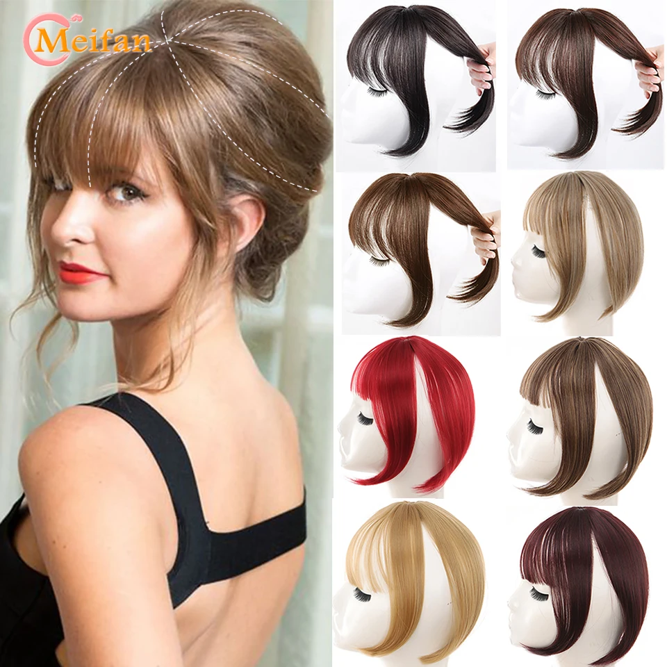 MEIFAN Black Match Red Pink Bangs Top Hair Pieces with Air Bangs Clip in Hair Fringe Invisible Seamless Synthetic Natural Bangs