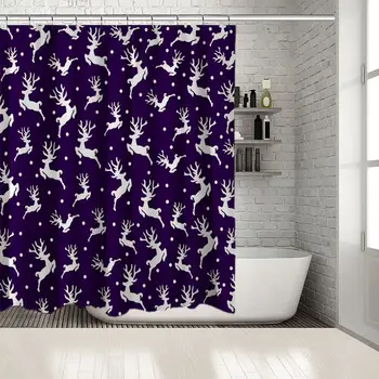 

Reindeer Flying In Snowy Christmas Night Sky Silhouette Cartoon Artwork Printed Purple And White Shower Curtain