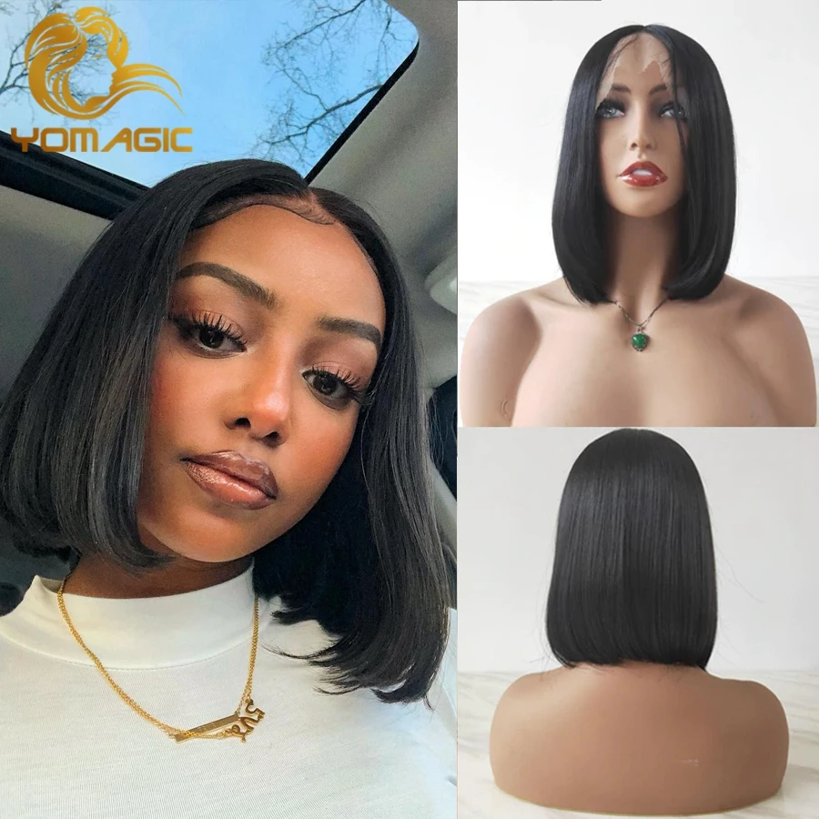 Yomagic Hair Black Color Synthetic Hair Lace Part Wigs with Baby Hair Straight Hair Short BoB T Lace Wigs with Pre Plucked